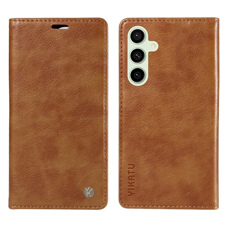 YIKATU YK-006 For Samsung Galaxy S24 FE Case Litchi Texture Leather Wallet Flip Phone Cover - Brown