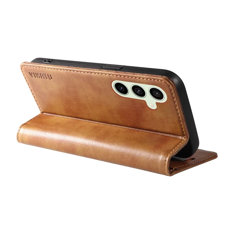 YIKATU YK-006 For Samsung Galaxy S24 FE Case Litchi Texture Leather Wallet Flip Phone Cover - Brown