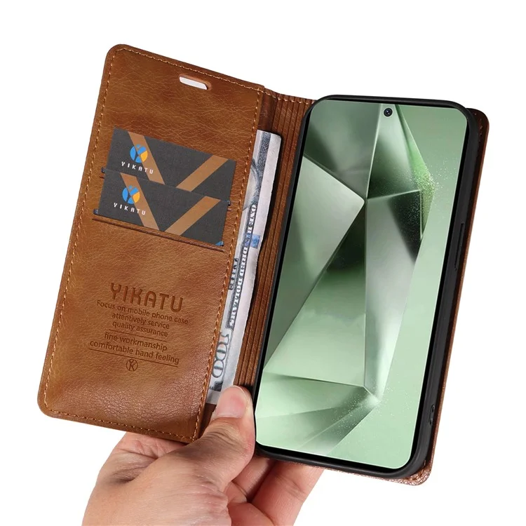 YIKATU YK-006 For Samsung Galaxy S24 FE Case Litchi Texture Leather Wallet Flip Phone Cover - Brown