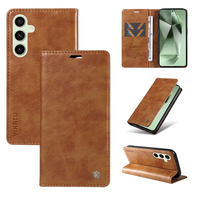 YIKATU YK-006 For Samsung Galaxy S24 FE Case Litchi Texture Leather Wallet Flip Phone Cover - Brown