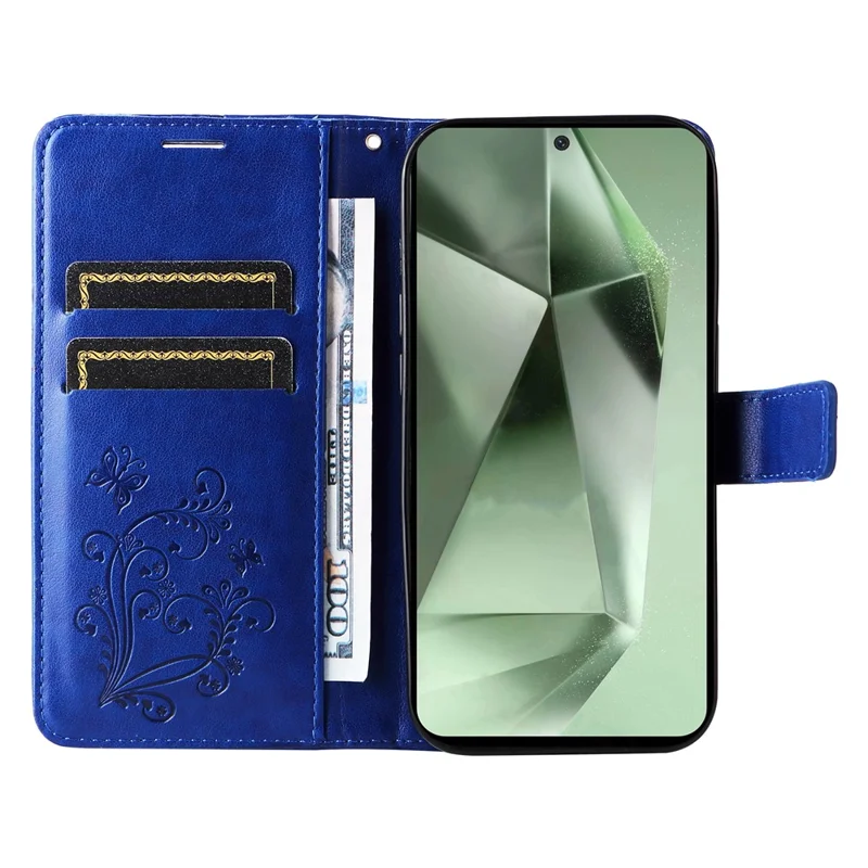 KT Imprinting Flower Series-2 For Samsung Galaxy S24 FE Case PU Leather Butterfly Phone Cover - Azul