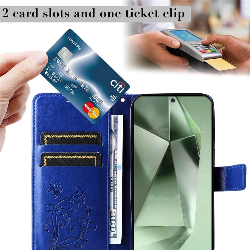 KT Imprinting Flower Series-2 For Samsung Galaxy S24 FE Case PU Leather Butterfly Phone Cover - Azul