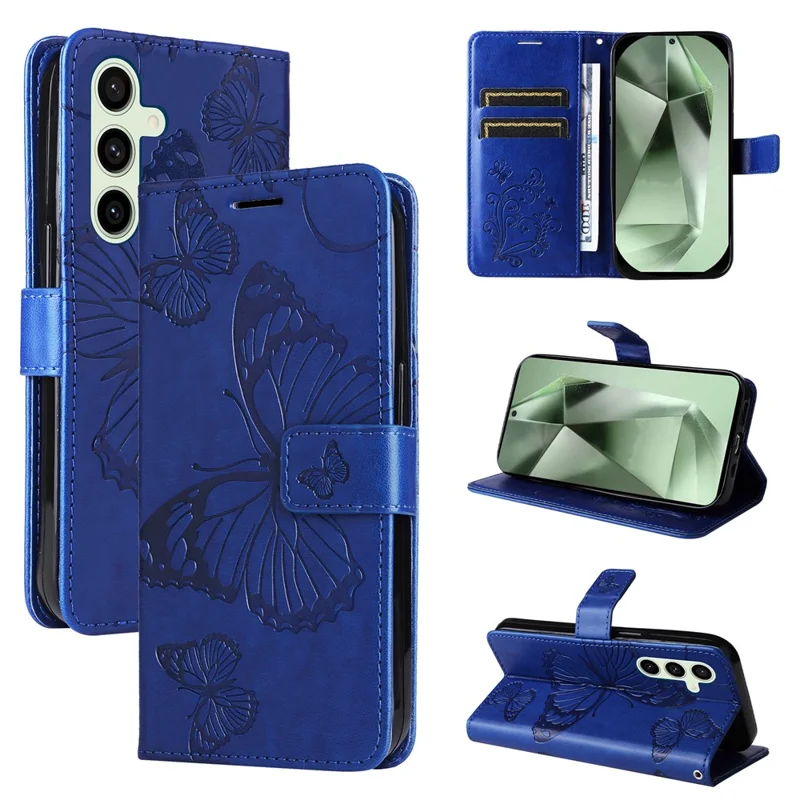 KT Imprinting Flower Series-2 For Samsung Galaxy S24 FE Case PU Leather Butterfly Phone Cover - Azul