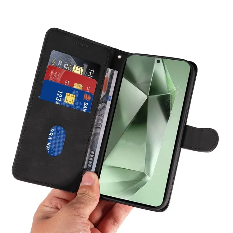 For Samsung Galaxy S24 FE Leather Case Wallet Cover Curved Line Imprinted - Black