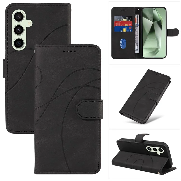 For Samsung Galaxy S24 FE Leather Case Wallet Cover Curved Line Imprinted - Black