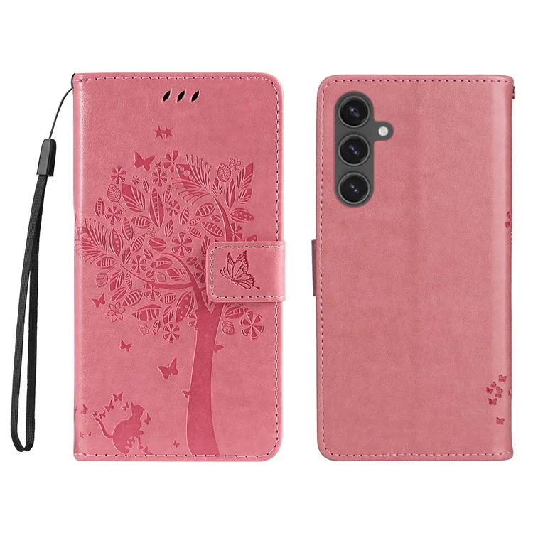 KT Blumenprägung Serie-3 Für Samsung Galaxy S24 FE-Hülle Brieftasche PU-Leder Katzenkopf Telefonabdeckung - Pink