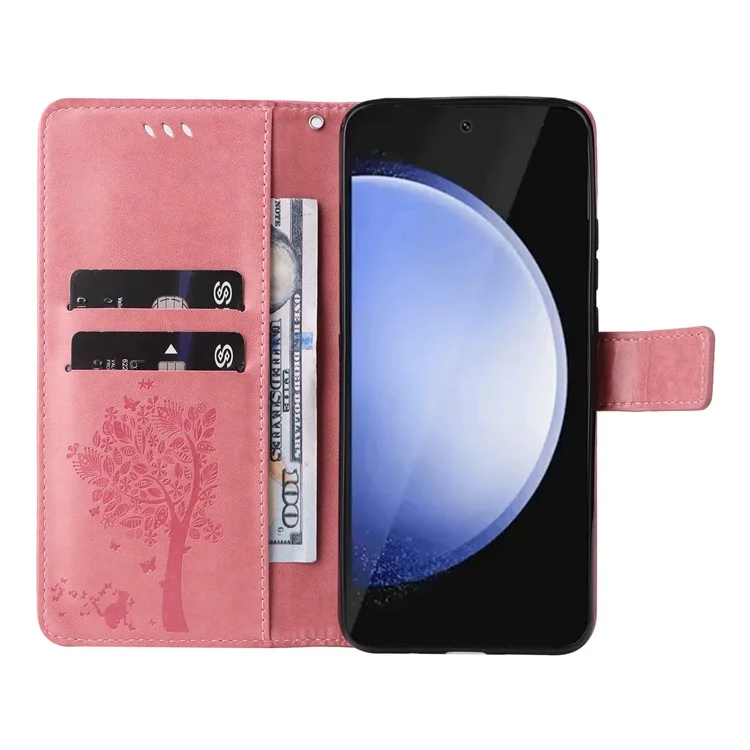 KT Blumenprägung Serie-3 Für Samsung Galaxy S24 FE-Hülle Brieftasche PU-Leder Katzenkopf Telefonabdeckung - Pink