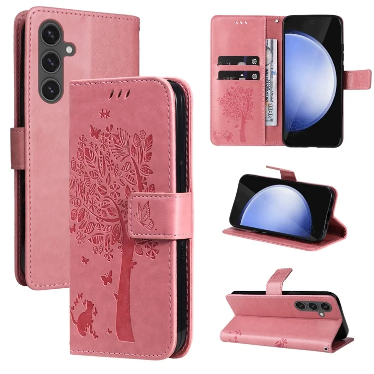 KT Blumenprägung Serie-3 Für Samsung Galaxy S24 FE-Hülle Brieftasche PU-Leder Katzenkopf Telefonabdeckung - Pink