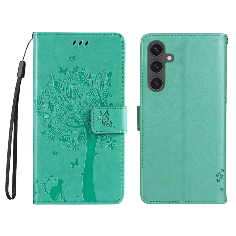 For Samsung Galaxy S24 FE Phone Case with Stand Cat Tree Pattern Leather Wallet Mobile Cover - Green