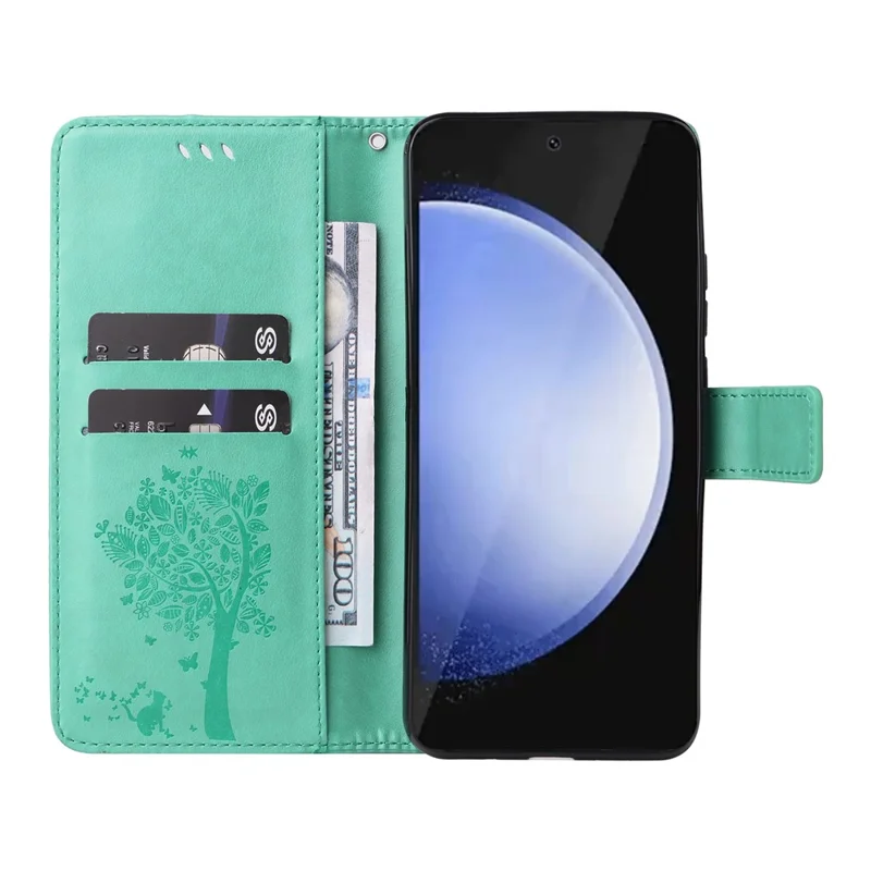 For Samsung Galaxy S24 FE Phone Case with Stand Cat Tree Pattern Leather Wallet Mobile Cover - Green