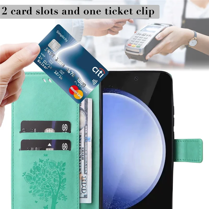 For Samsung Galaxy S24 FE Phone Case with Stand Cat Tree Pattern Leather Wallet Mobile Cover - Green