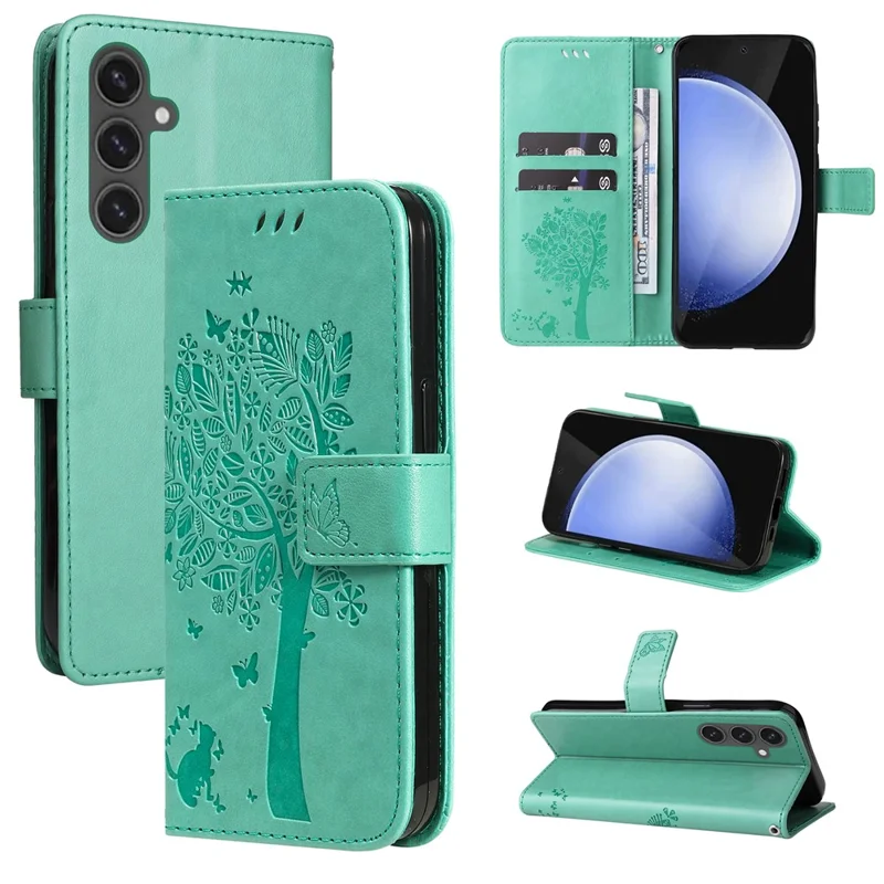 For Samsung Galaxy S24 FE Phone Case with Stand Cat Tree Pattern Leather Wallet Mobile Cover - Green