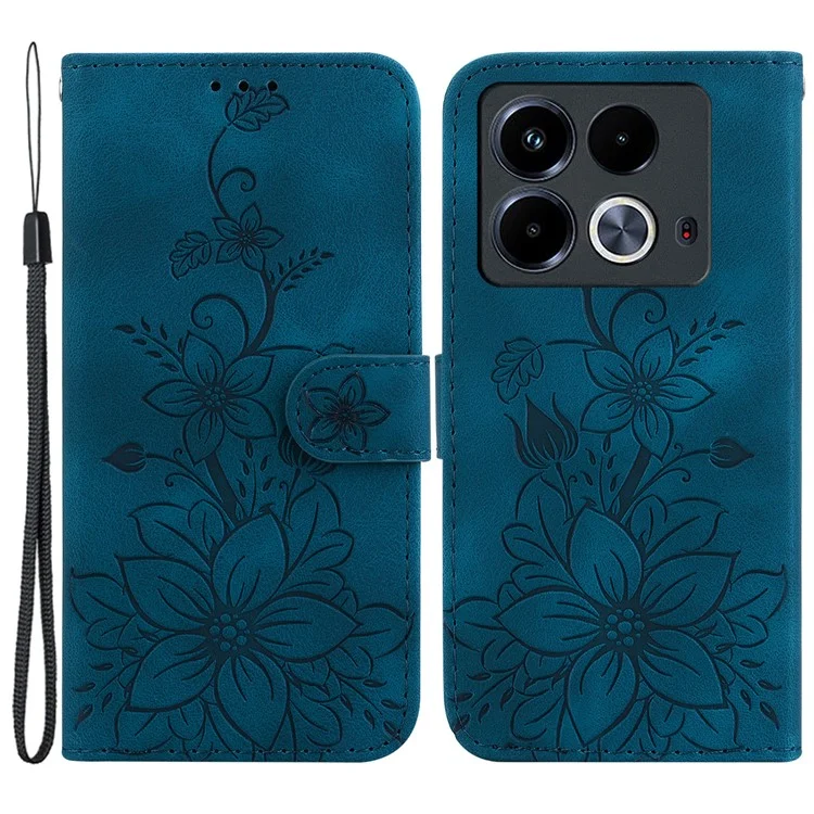 Per Infinix Note 40 Stand Case Lily Flower Imprint Anti-Drop Leather Phone Cover - Blu Scuro