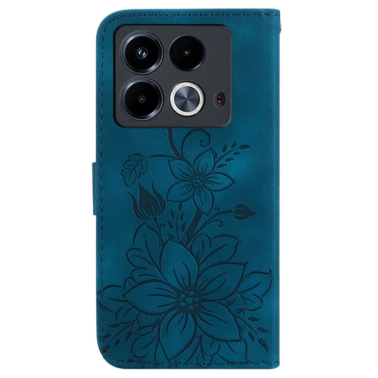 Per Infinix Note 40 Stand Case Lily Flower Imprint Anti-Drop Leather Phone Cover - Blu Scuro