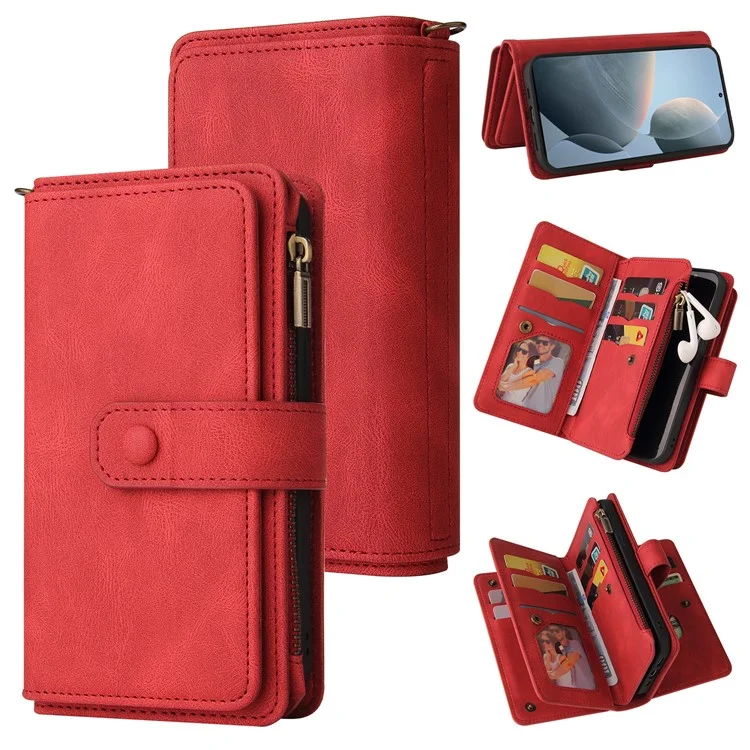 For Xiaomi Redmi K70 5G / K70 Pro 5G / Poco F6 Pro 5G Zipper Wallet Case with 15 Card Slots and Strap Leather Phone Cover - Red