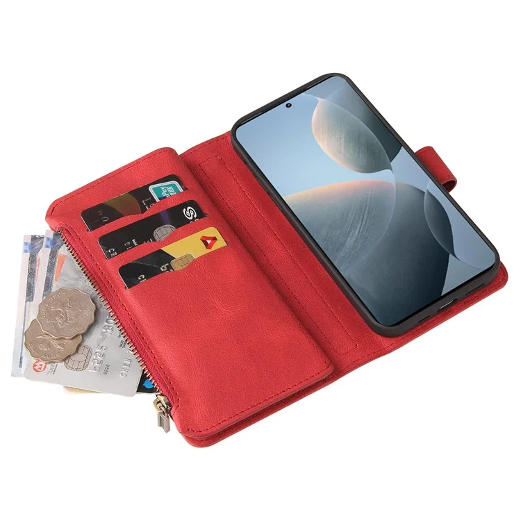 For Xiaomi Redmi K70 5G / K70 Pro 5G / Poco F6 Pro 5G Zipper Wallet Case with 15 Card Slots and Strap Leather Phone Cover - Red