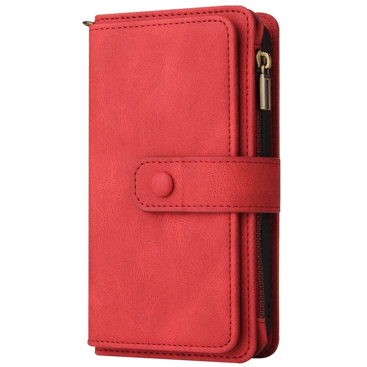 For Xiaomi Redmi K70 5G / K70 Pro 5G / Poco F6 Pro 5G Zipper Wallet Case with 15 Card Slots and Strap Leather Phone Cover - Red