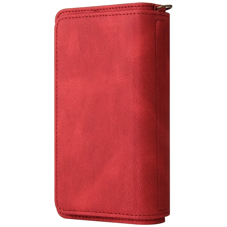 For Xiaomi Redmi K70 5G / K70 Pro 5G / Poco F6 Pro 5G Zipper Wallet Case with 15 Card Slots and Strap Leather Phone Cover - Red