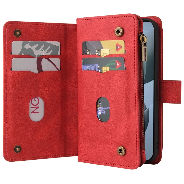 For Xiaomi Redmi K70 5G / K70 Pro 5G / Poco F6 Pro 5G Zipper Wallet Case with 15 Card Slots and Strap Leather Phone Cover - Red