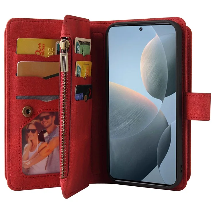 For Xiaomi Redmi K70 5G / K70 Pro 5G / Poco F6 Pro 5G Zipper Wallet Case with 15 Card Slots and Strap Leather Phone Cover - Red