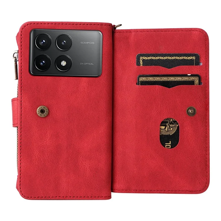 For Xiaomi Redmi K70 5G / K70 Pro 5G / Poco F6 Pro 5G Zipper Wallet Case with 15 Card Slots and Strap Leather Phone Cover - Red