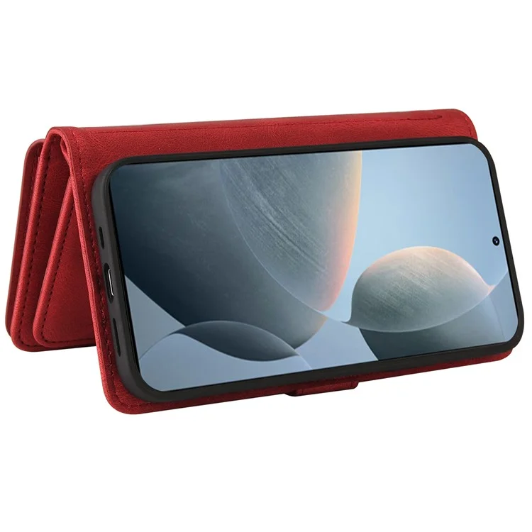 For Xiaomi Redmi K70 5G / K70 Pro 5G / Poco F6 Pro 5G Zipper Wallet Case with 15 Card Slots and Strap Leather Phone Cover - Red