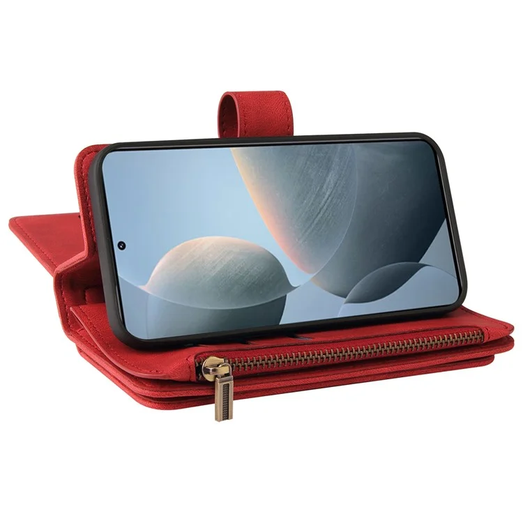 For Xiaomi Redmi K70 5G / K70 Pro 5G / Poco F6 Pro 5G Zipper Wallet Case with 15 Card Slots and Strap Leather Phone Cover - Red