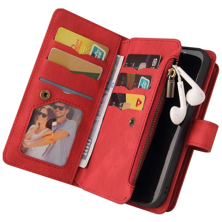 For Xiaomi Redmi K70 5G / K70 Pro 5G / Poco F6 Pro 5G Zipper Wallet Case with 15 Card Slots and Strap Leather Phone Cover - Red