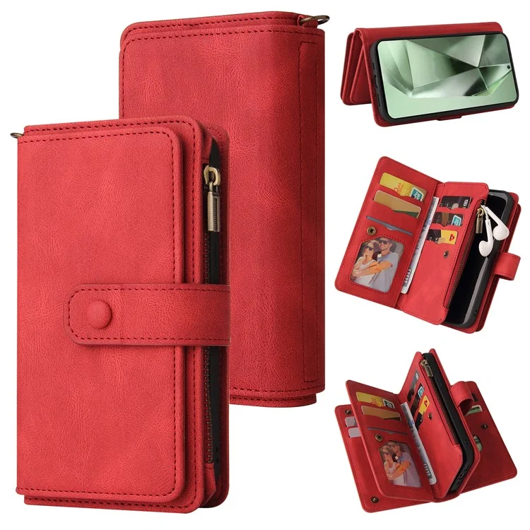 KT Multi-Functional Series-2 For Samsung Galaxy S24 FE Case Zipper Pocket PU Leather Phone Cover - Rot