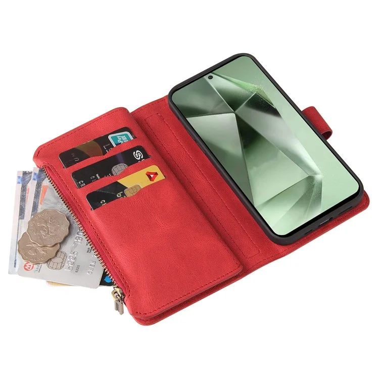 KT Multi-Functional Series-2 For Samsung Galaxy S24 FE Case Zipper Pocket PU Leather Phone Cover - Rot