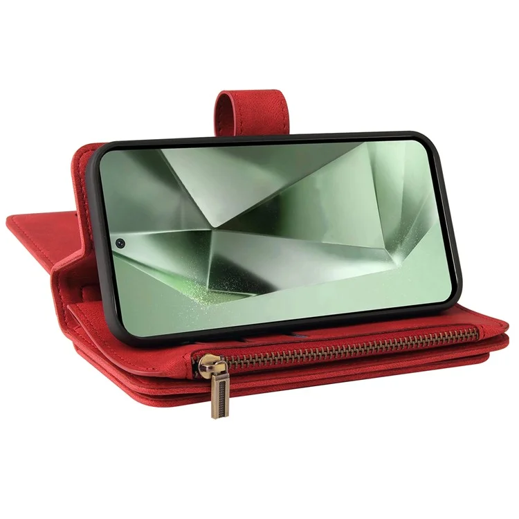 KT Multi-Functional Series-2 For Samsung Galaxy S24 FE Case Zipper Pocket PU Leather Phone Cover - Rot