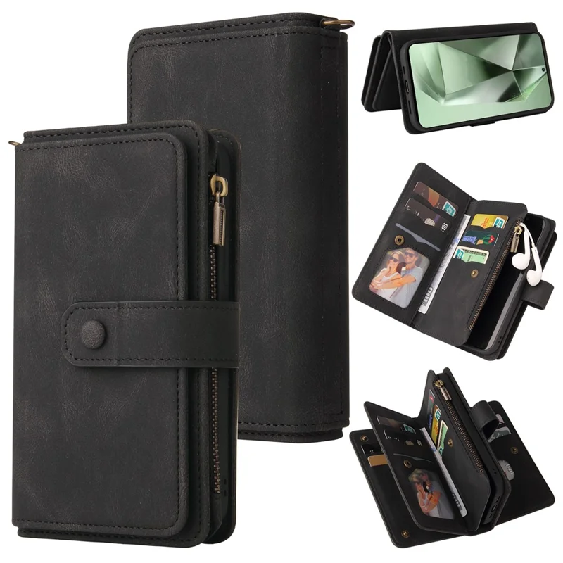 For Samsung Galaxy S24 FE Zipper Wallet Case with 15 Card Slots and Strap Leather Phone Cover - Black