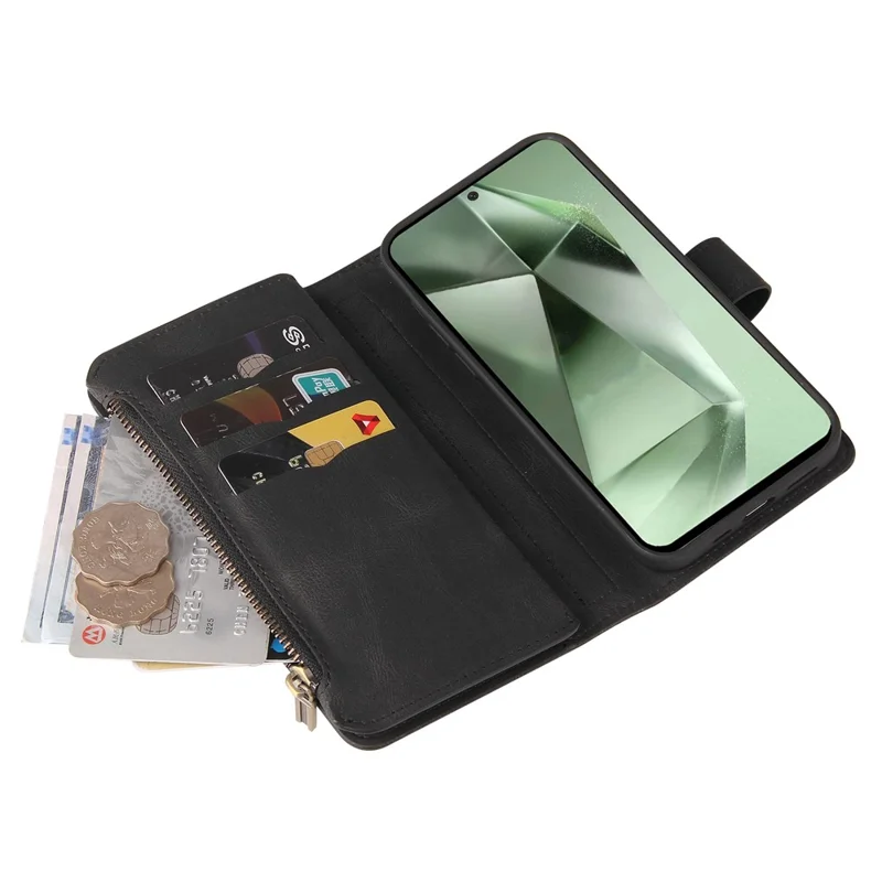 For Samsung Galaxy S24 FE Zipper Wallet Case with 15 Card Slots and Strap Leather Phone Cover - Black
