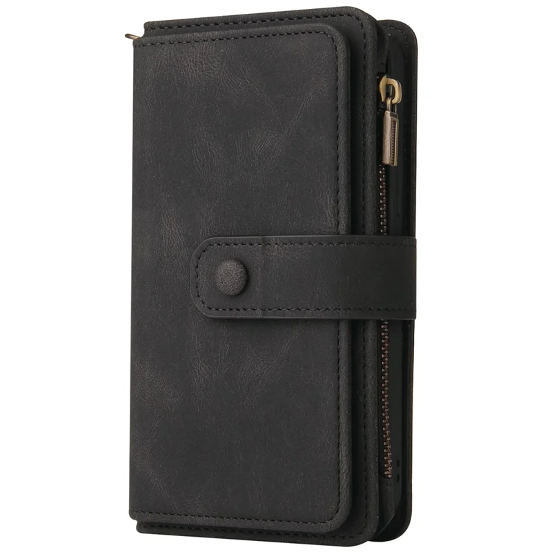 For Samsung Galaxy S24 FE Zipper Wallet Case with 15 Card Slots and Strap Leather Phone Cover - Black