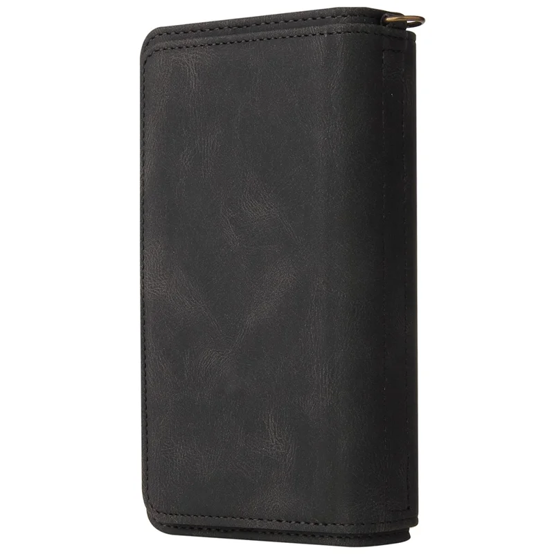For Samsung Galaxy S24 FE Zipper Wallet Case with 15 Card Slots and Strap Leather Phone Cover - Black