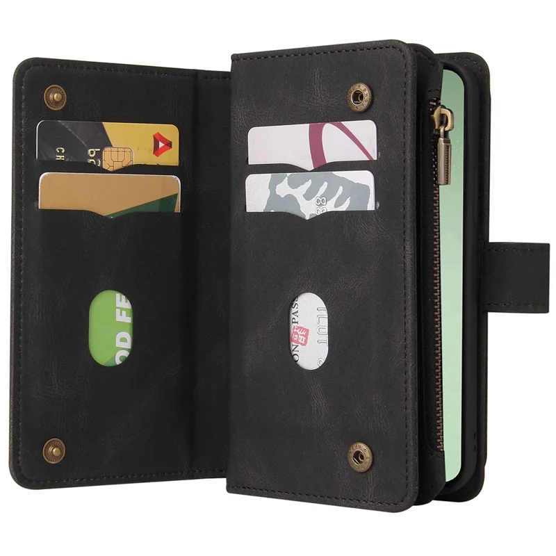 For Samsung Galaxy S24 FE Zipper Wallet Case with 15 Card Slots and Strap Leather Phone Cover - Black
