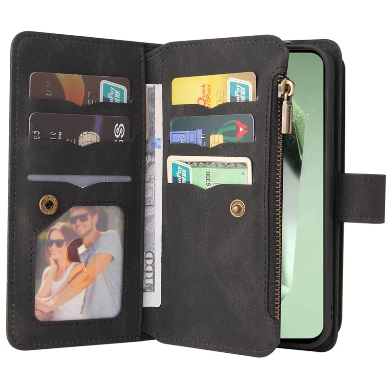 For Samsung Galaxy S24 FE Zipper Wallet Case with 15 Card Slots and Strap Leather Phone Cover - Black