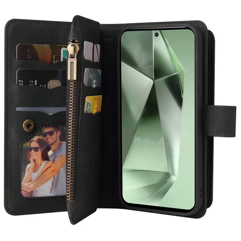 For Samsung Galaxy S24 FE Zipper Wallet Case with 15 Card Slots and Strap Leather Phone Cover - Black