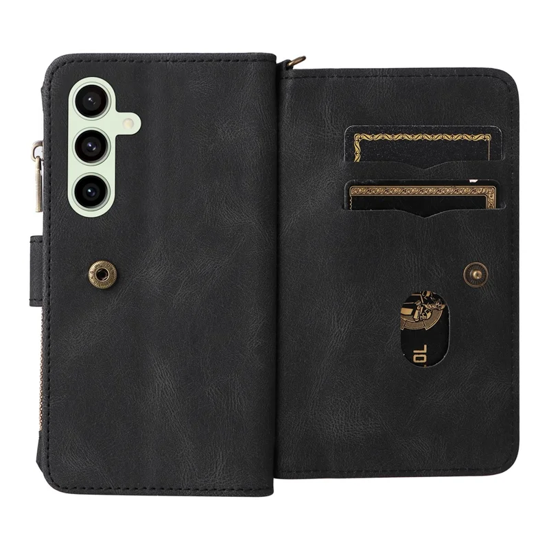 For Samsung Galaxy S24 FE Zipper Wallet Case with 15 Card Slots and Strap Leather Phone Cover - Black