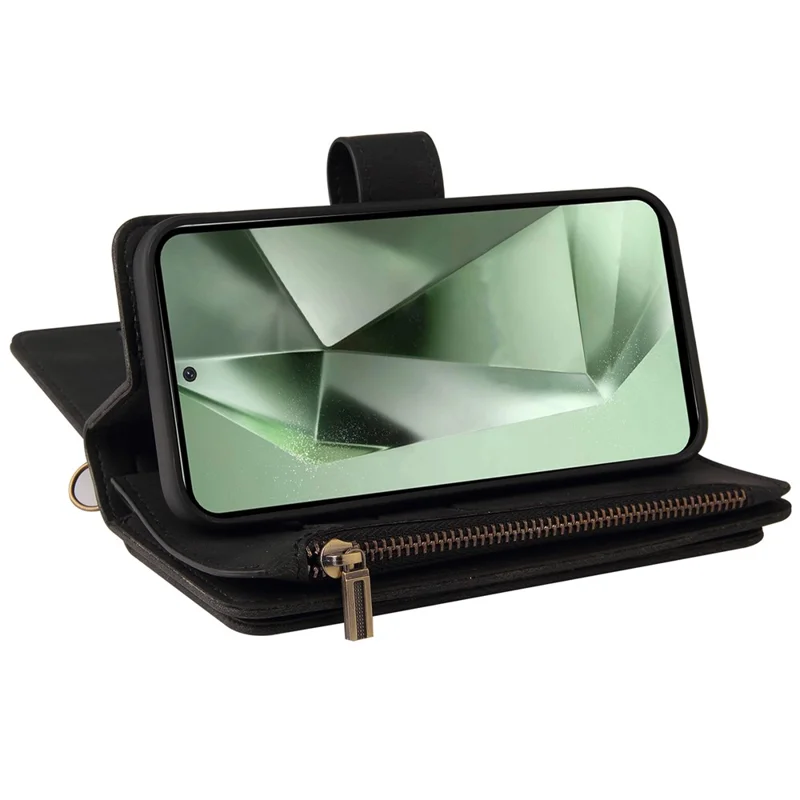 For Samsung Galaxy S24 FE Zipper Wallet Case with 15 Card Slots and Strap Leather Phone Cover - Black