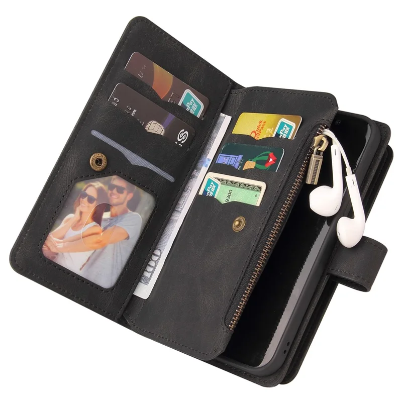 For Samsung Galaxy S24 FE Zipper Wallet Case with 15 Card Slots and Strap Leather Phone Cover - Black