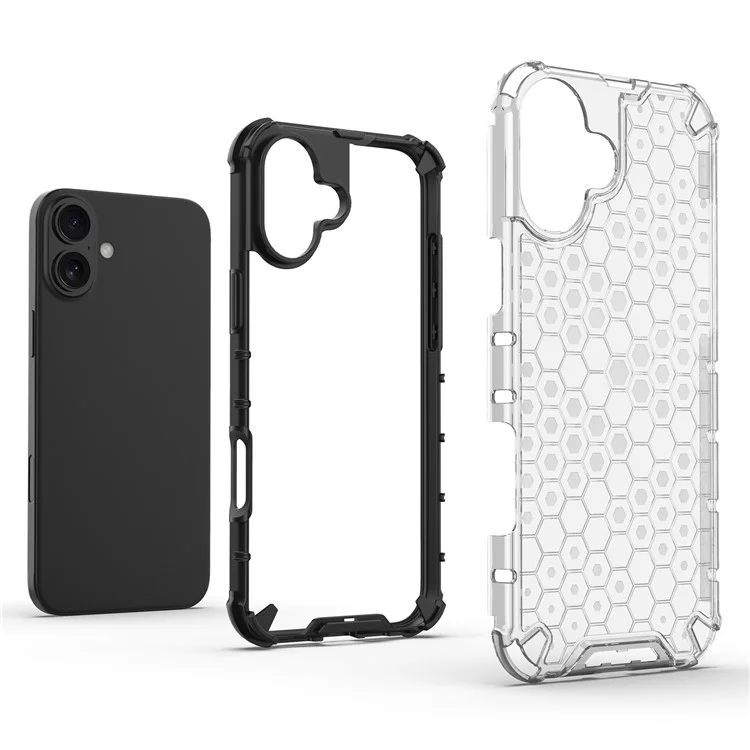 For iPhone 16 Case Anti-Drop PC+TPU Phone Cover Honeycomb Shape - Grey