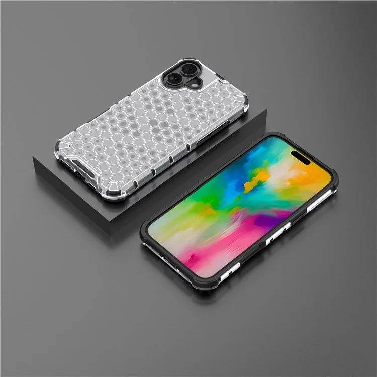 For iPhone 16 Case Anti-Drop PC+TPU Phone Cover Honeycomb Shape - Grey