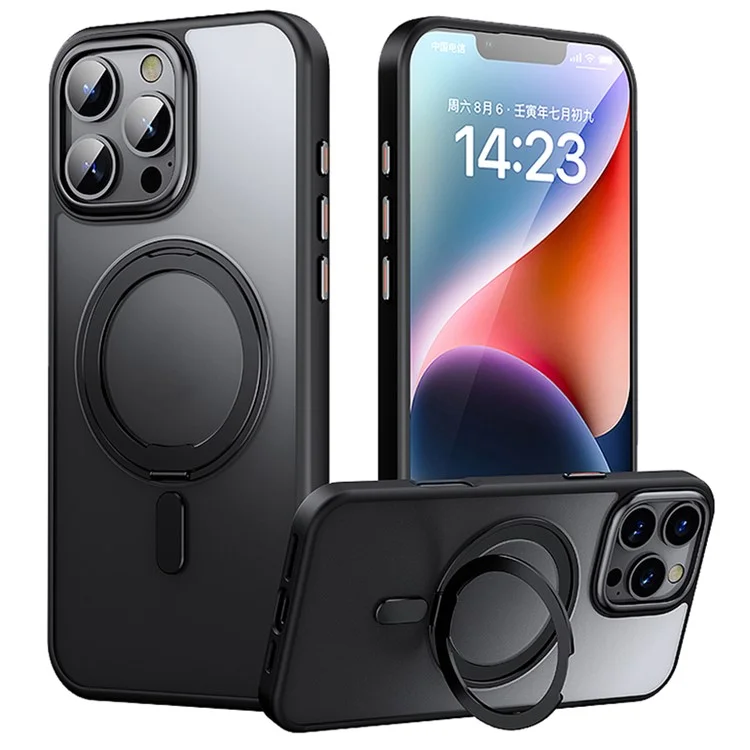 Für iPhone 16 Pro Max Hülle kompatibel mit MagSafe TPU+Acryl+Metall Ständer Matt Phone Cover - Schwarz
