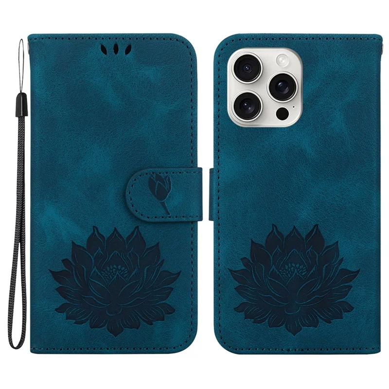 For iPhone 16 Pro Max Phone Case Lotus Imprint Leather Stand Wallet Cover - Blue