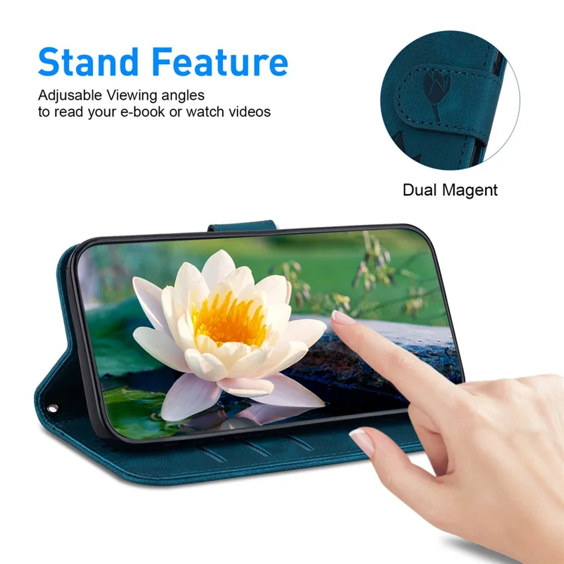 For iPhone 16 Pro Max Phone Case Lotus Imprint Leather Stand Wallet Cover - Blue