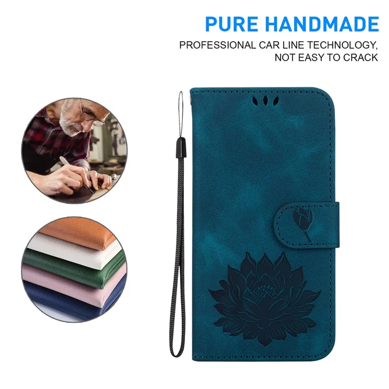 For iPhone 16 Pro Max Phone Case Lotus Imprint Leather Stand Wallet Cover - Blue