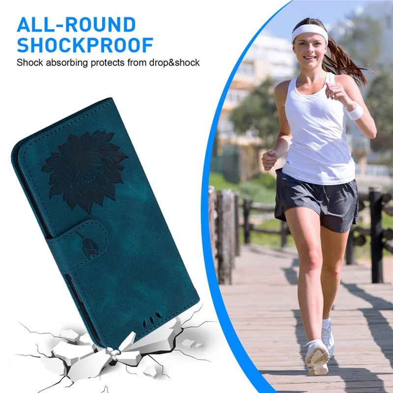 For iPhone 16 Pro Max Phone Case Lotus Imprint Leather Stand Wallet Cover - Blue