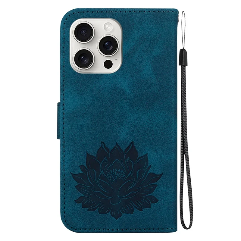 For iPhone 16 Pro Max Phone Case Lotus Imprint Leather Stand Wallet Cover - Blue