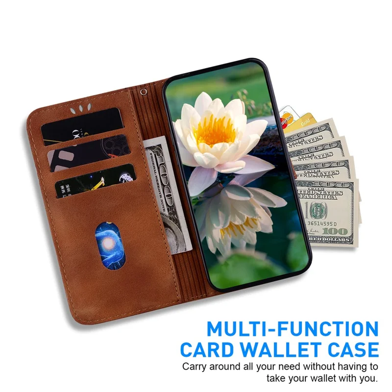For iPhone 16 Pro Max Phone Case Lotus Imprint Leather Stand Wallet Cover - Brown